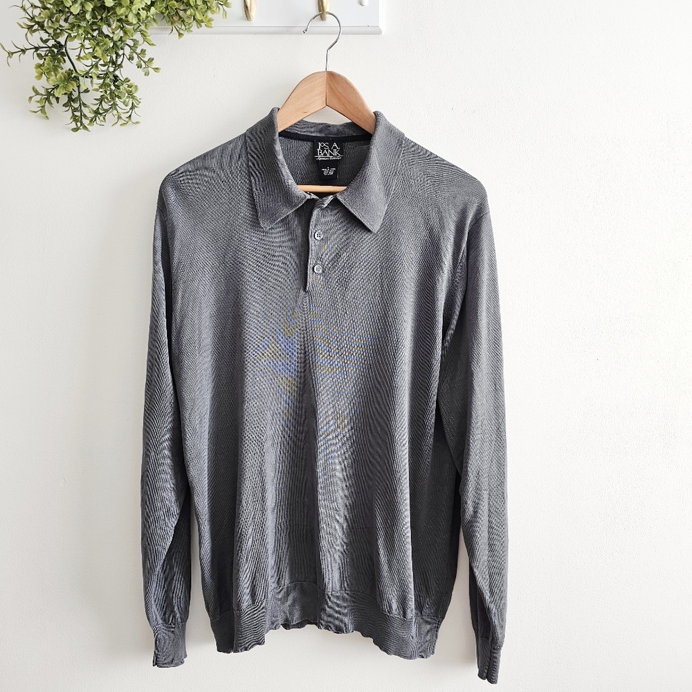 Jos.A. Bank 100% Silk Knit Gray Long Sleeve Polo Shirt Sweater Men's Size Large